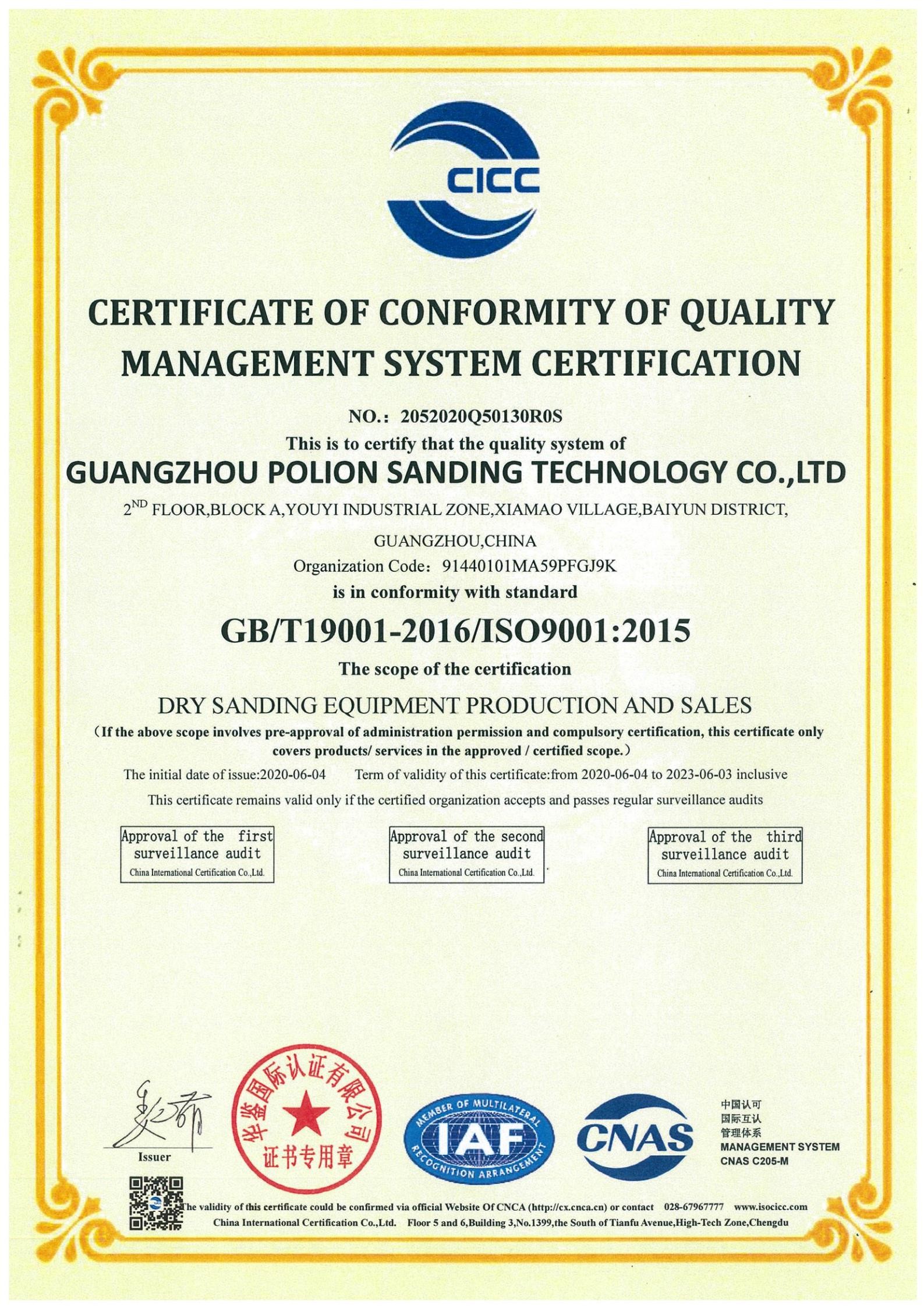 Chine Polion Sanding Technology Co., LTD Certifications
